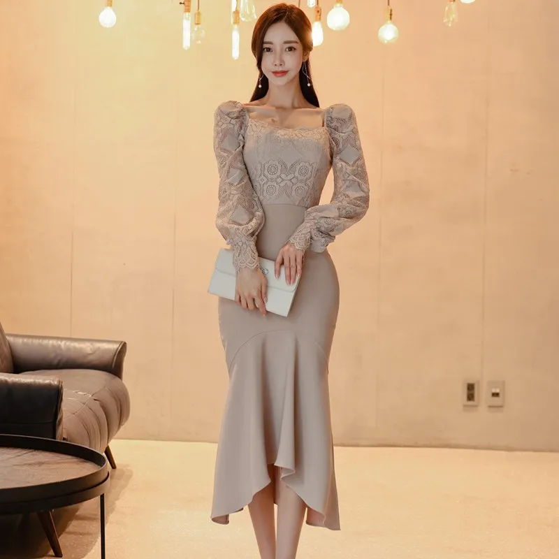 2023 summer new spot Korean version of the slim lace top with waist bag hip stitching fishtail wholesale lady women dresses suit