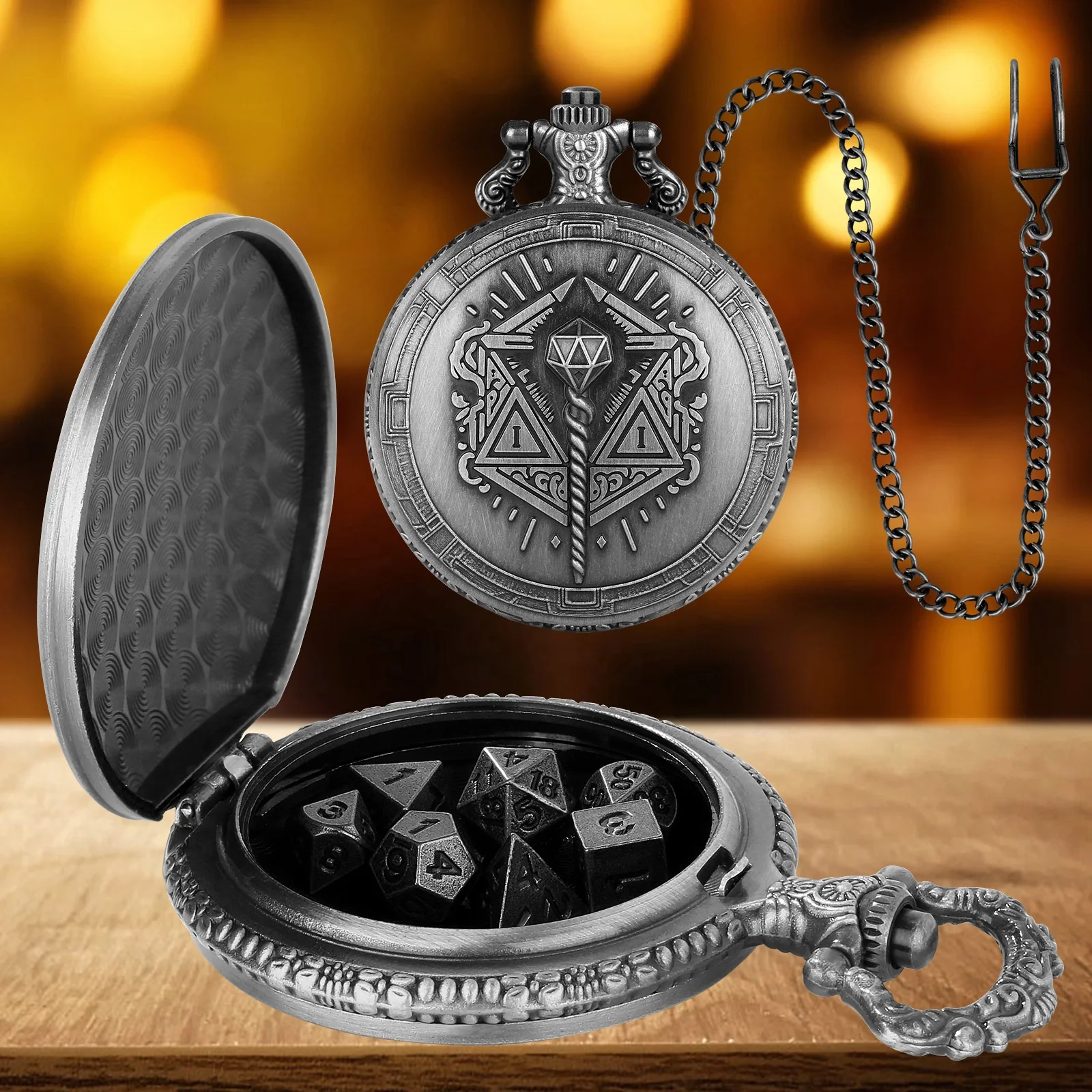 Magician Magic Staff Mysterious Theme Pocket Watch Dice Vintage Portable Cool Metal Dice Box