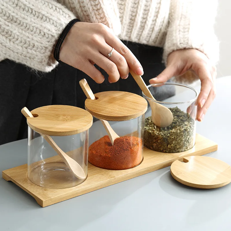 Hot Sale Bamboo Lid Glass Jars Container Clear Spice Jar With Spoon For Food Storage
