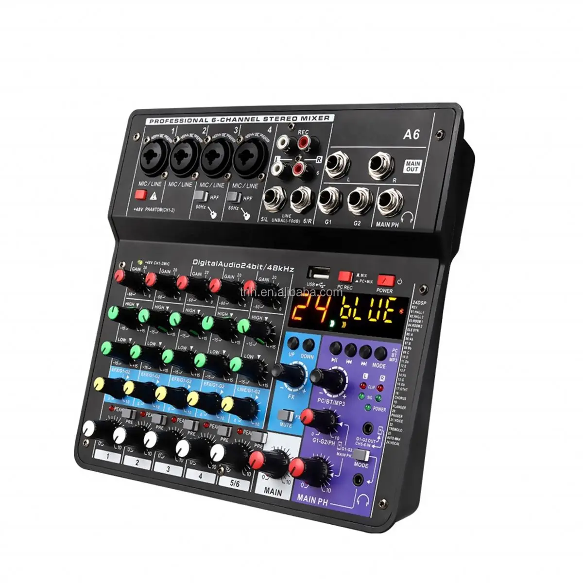 A6 6 Channel Mixing Console Double Seven-segment Equalizer with Monitor 48V Home Computer Live Broadcast Audio Mixer