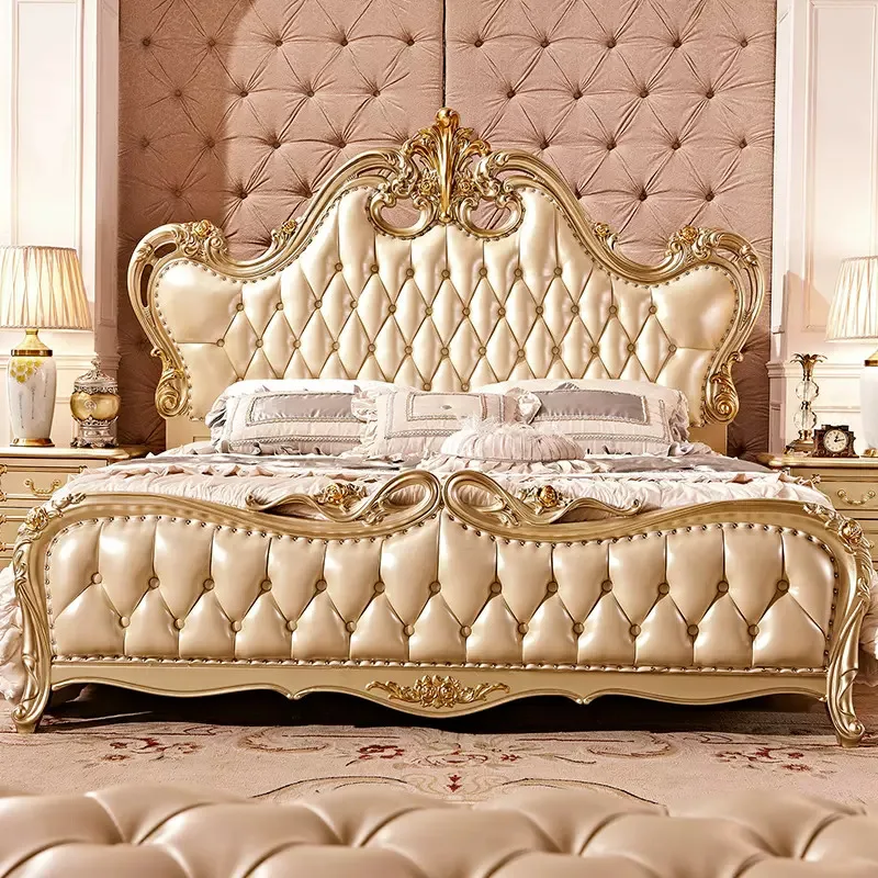 OE-FASHION custom Royal Grandeur King-Size Gold Bed Frame Antique Bedroom Set for Luxurious Villas