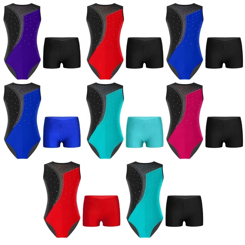 Kids Girls Sleeveless Round Neck Shiny Rhinestones Patchwork Color V-front Waistband Shorts Gymnastics Workout Dance Leotard