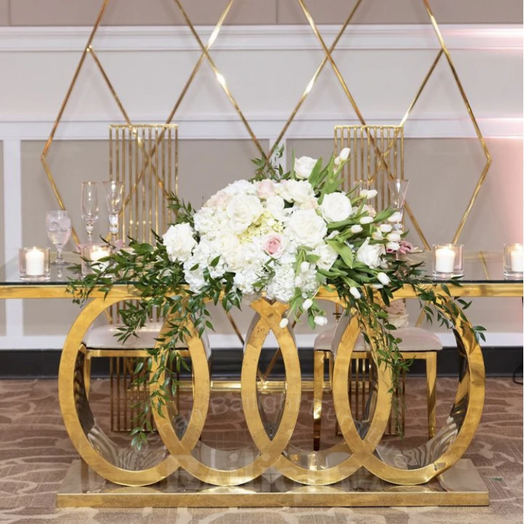 Gold Metal Base Mirror Glass wedding tables for groom and bride