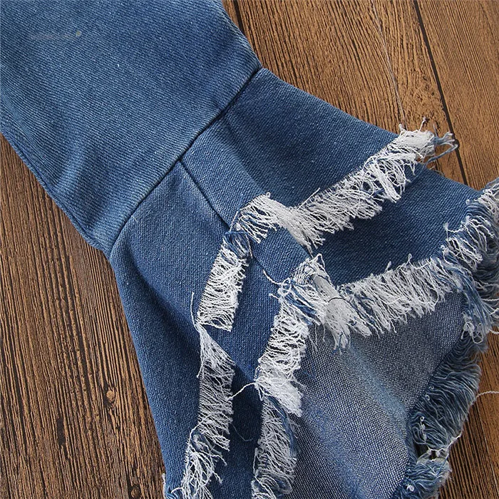
Wholesale Customized Children Pants Denim Flared Blue Jeans for Girl Leopard Ruffle Ripped Jeans 