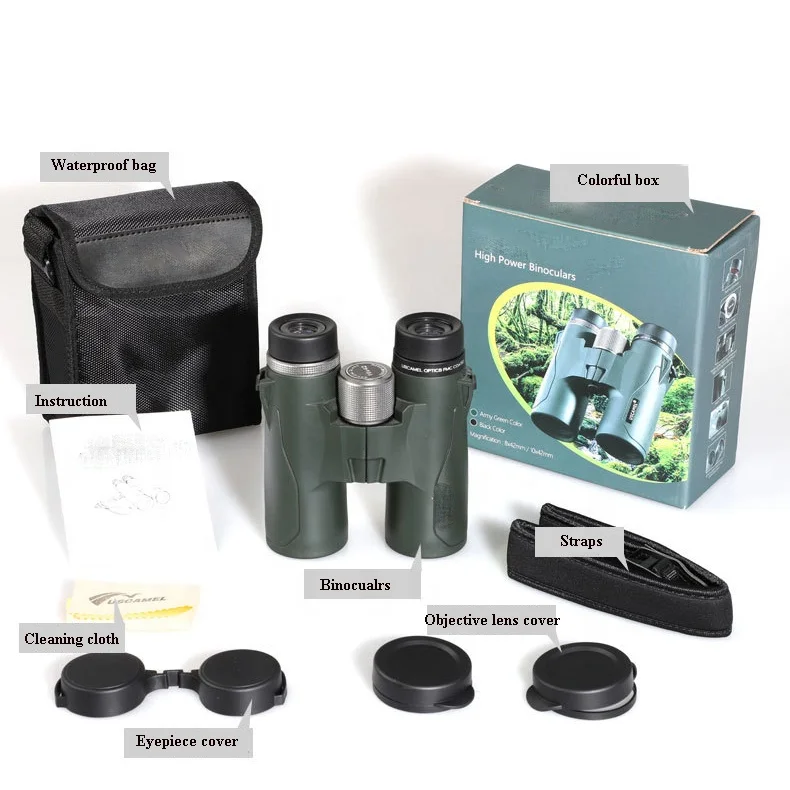 High Quality Tactical Nitrogenous Waterproof  8x42 10x42 High Power Dark Green BAK4 Binoculars Telescope for Outdoor Hunting