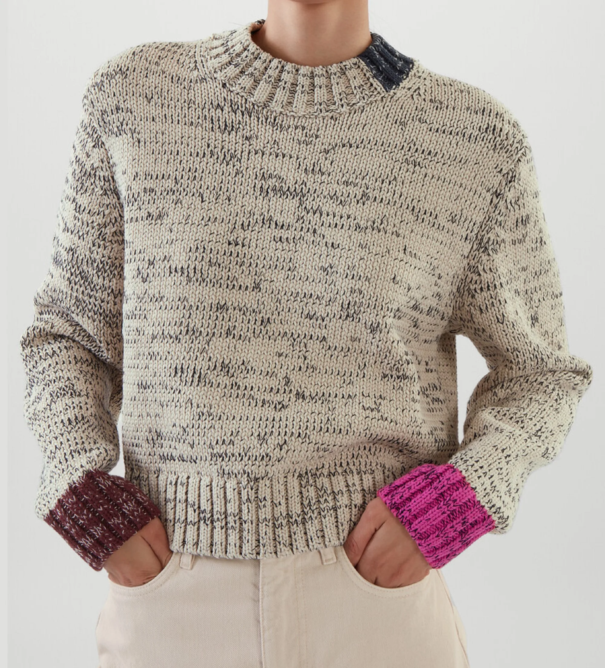 VSCOO fashion custom yarn color blocking round neck long sleeve knitted jumper women pullover sweater