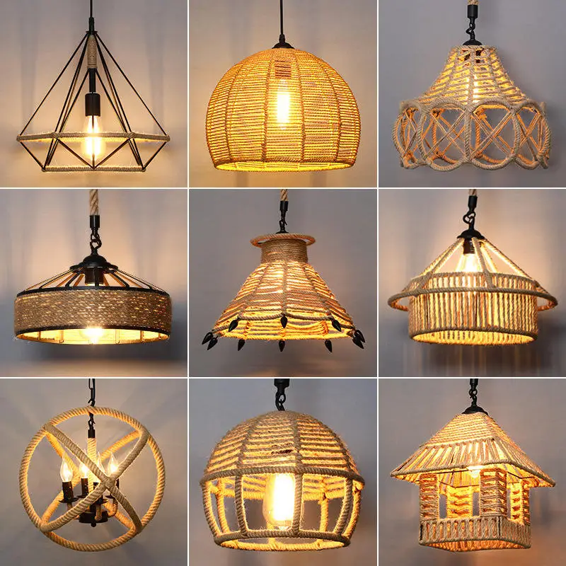 E27 Chandeliers Retro Industrial Metal Grass Coffee Shop Bar Restaurant Hemp Rope Pendant Lighting