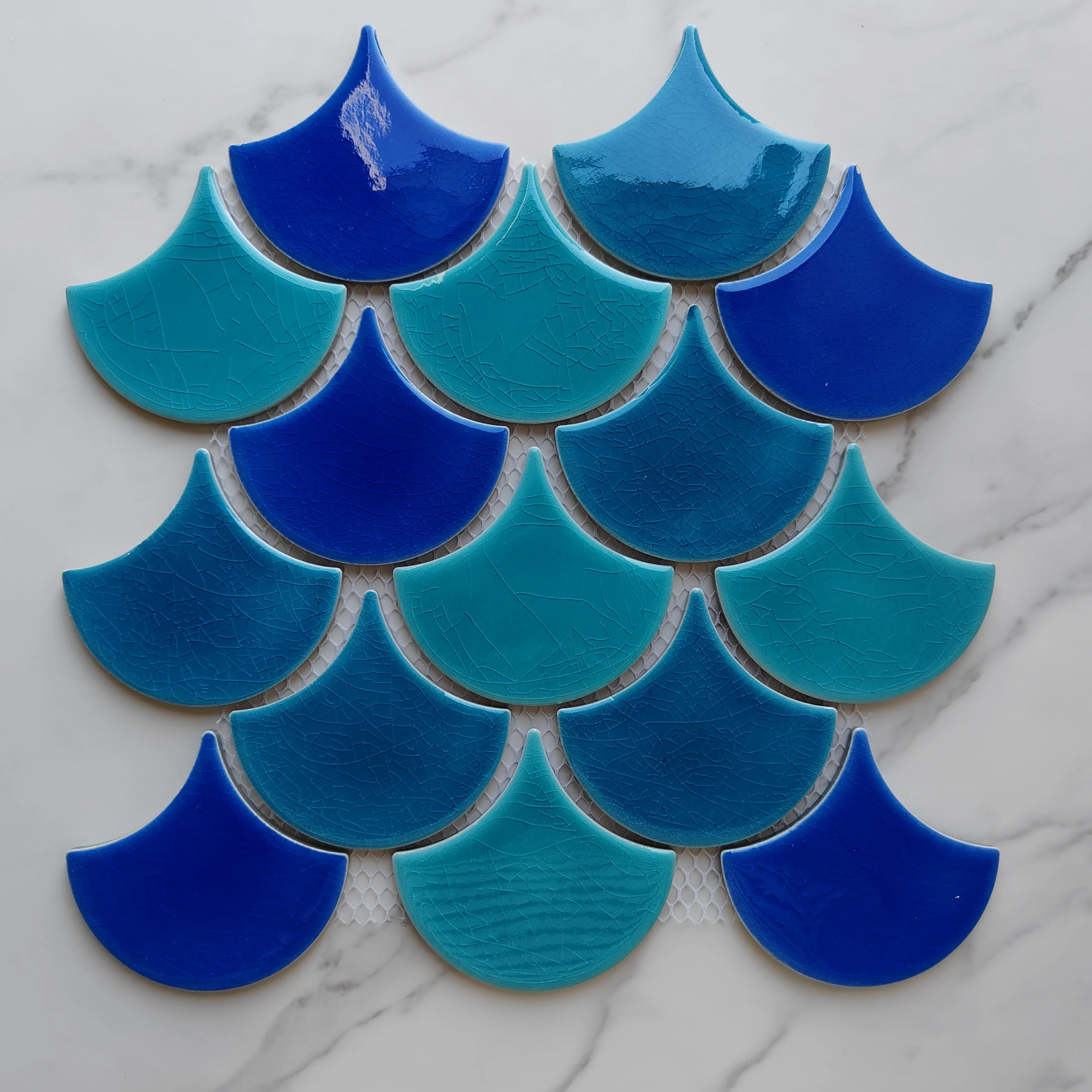 Hot Sale Blue Blues Fish Scale Fan Glossy Crackle Bathroom Backsplash Shower Ceramic Mosaic Tile