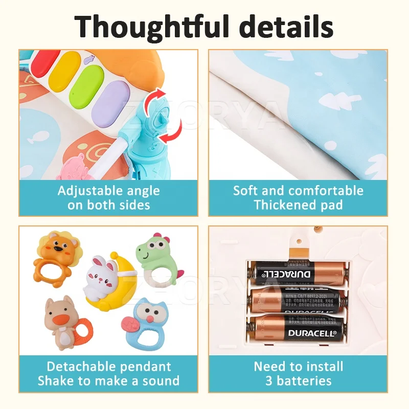 Zhorya multifunction musical activity play gym mat early educational rabbit shape baby piano crawling mat