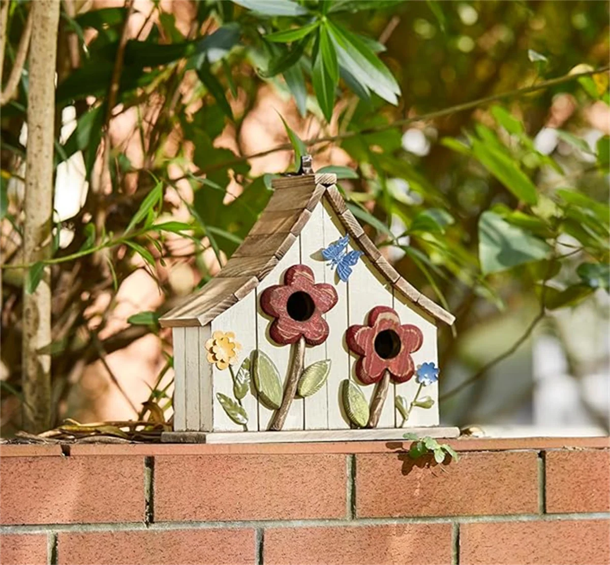 WILDMX Solid Wood Hanging Birdhouse with Flowers Rustic Two-Story Townhouse Hand-Painted Garden Bird Aviary Outdoor