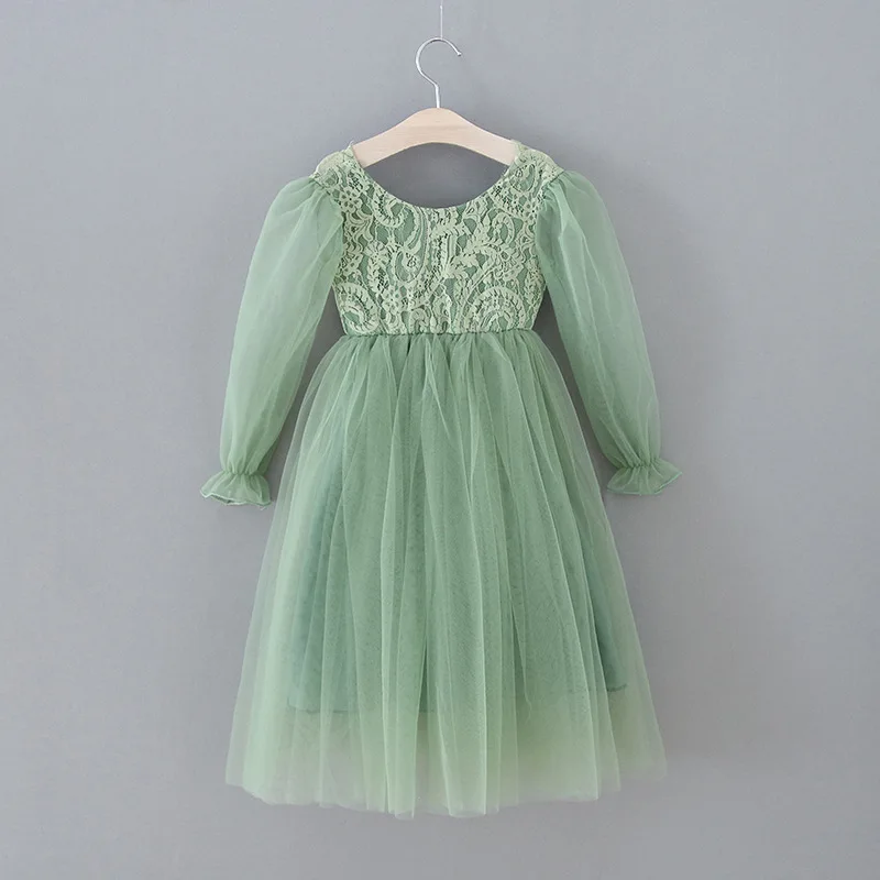 2-14 Age Graduation Party Teenagers Girls Dress Green Clothing Dresses Formal Skirts Below the Knee Mesh Fabric for