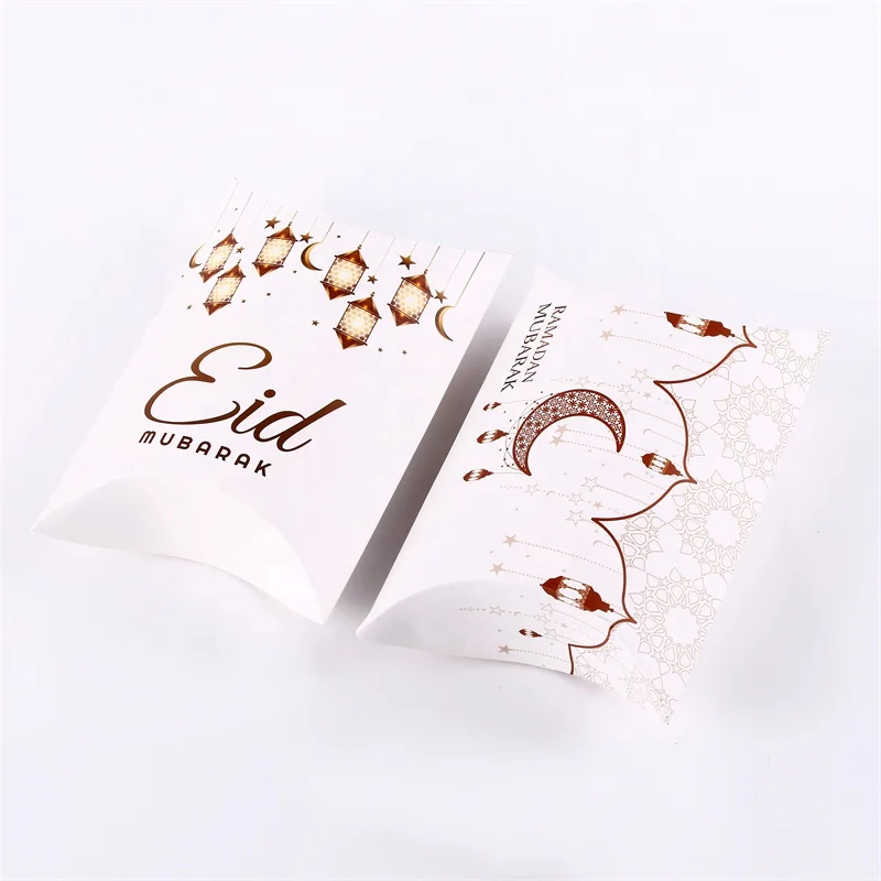 Custom logo printed ramadan kareem pillow shape paper box EID mubarak door gift candy boxes