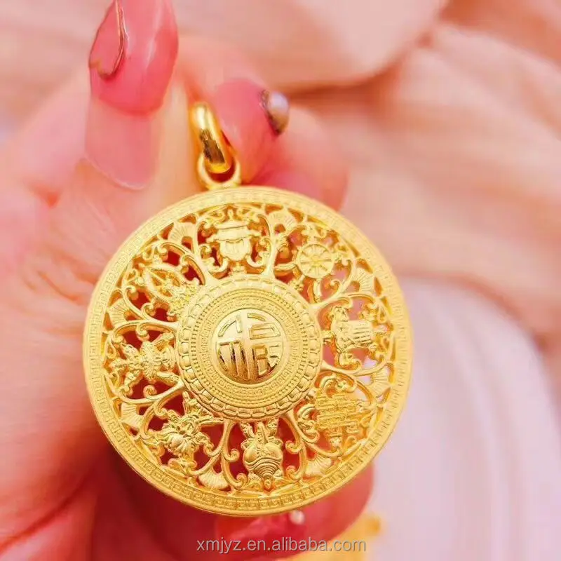 Brass Gold-Plated Ancient Buddha Heritage Hollow Eight-Treasure Jewelry Fu Character Ten Thousand-Character Pendant Live