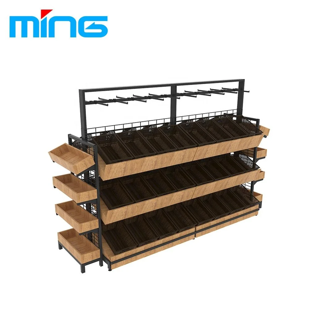 Double-side Three Layers Grocery Store Fruit Vegetable Storage Display Shelf