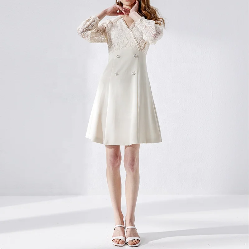 Huiquan New Design Printed Lace Decoration Beige Dress Elegant Luxury French Dress