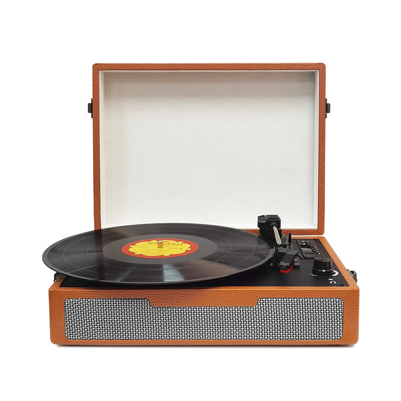 Wooden PU Leather Oem Logo Suitcase 3 Speed Gramophone Cd Player Wireless Bluetooth Portable Retro Vinyl Turntable Record Player