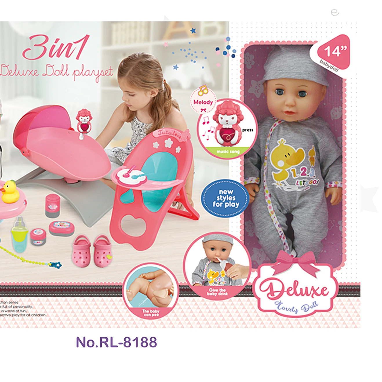 Hot sale 6 month baby toys combination drinking water and urine 14inch baby doll set with IC for kids