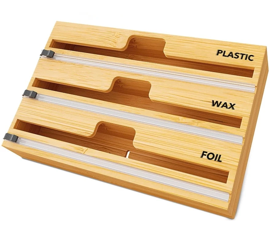 Bamboo Aluminum Foil Dispenser Box 3 in 1 Wrap Organizer with Cutter Food Plastic Wrap Storage for Kitchen Drawer