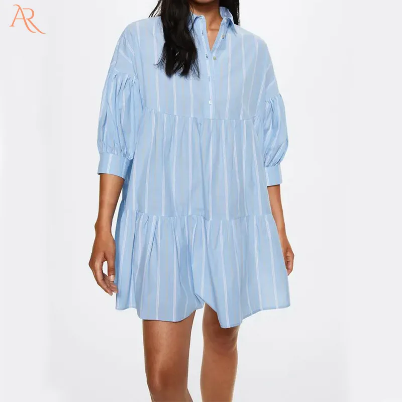 Wide and stylish layering cotton half sleeve pleated shirt skirt mini skirt