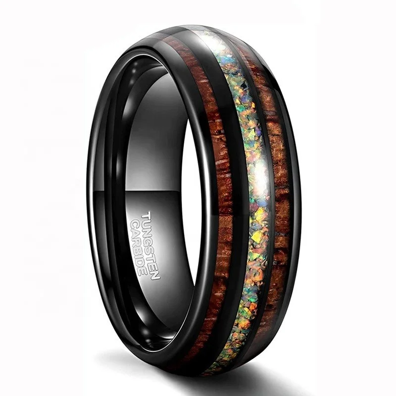 POYA Black Domed Wedding Band 8mm Mens Crushed Fire Opal Abalone Shell Koa Wood Inlay Tungsten Ring