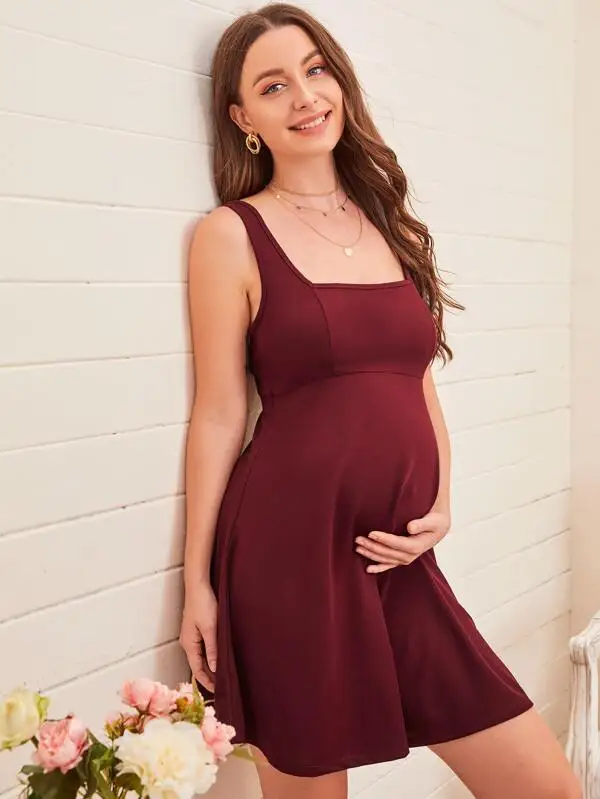  Wholesale women knitted custom underwear pregnant elegant sexy dress maternity solid cotton breathble square neck