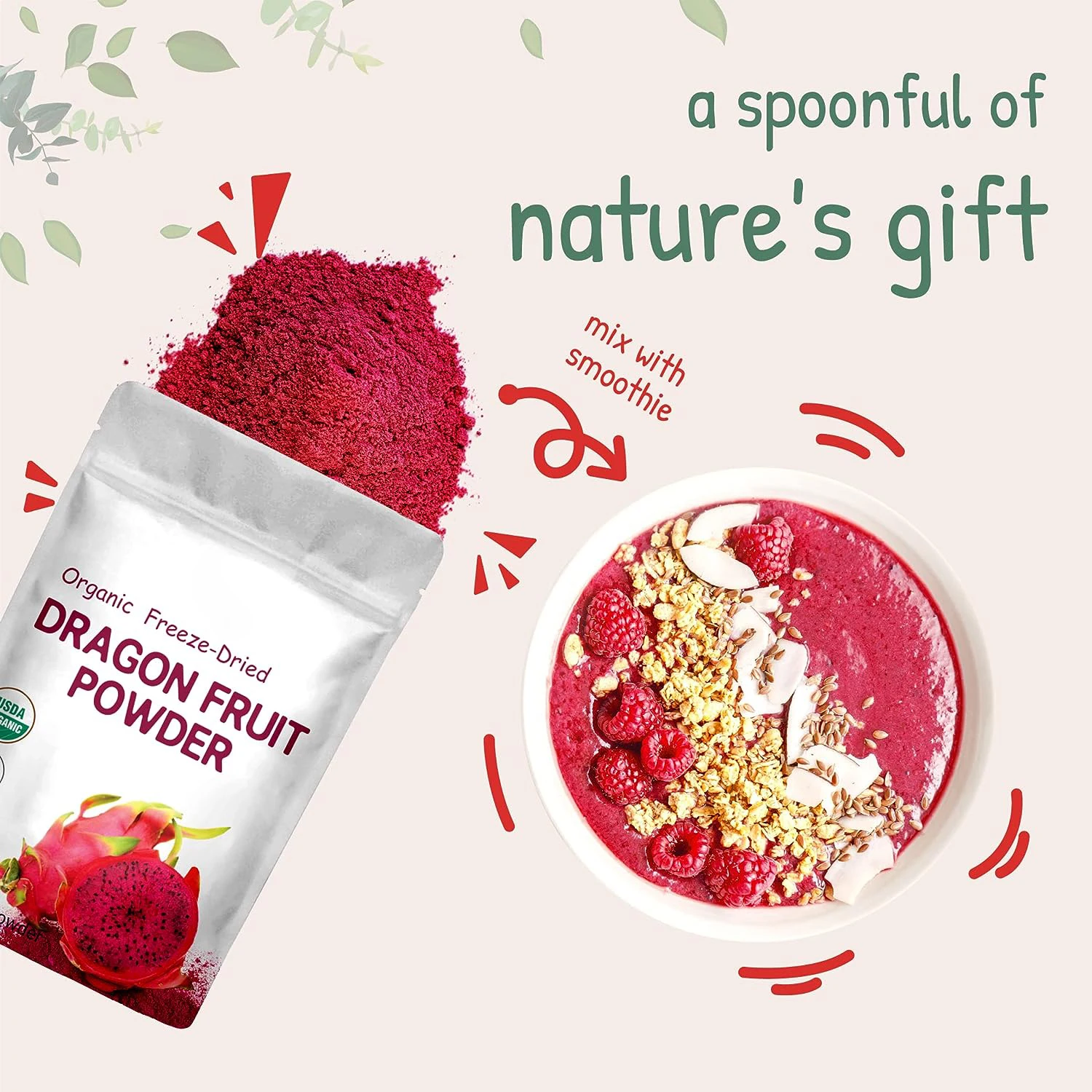 Organic Freeze-Dried Dragon Fruit Powder (Pink Pitaya/Pitahaya) Perfect for Shakes Baking & Smoothie Non-GMO Vegan Friendly
