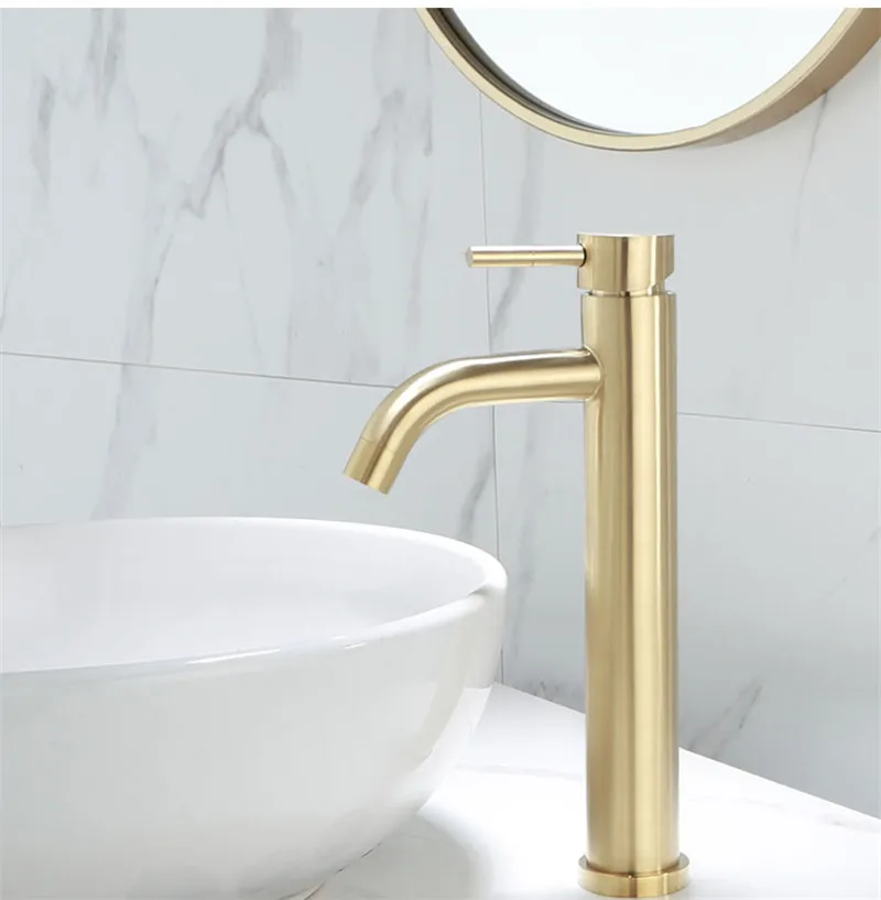 Tall brushed gold stainless steel 304 Slim Hot And Cold Basin Water Mixer Tap Bathroom Faucet Crane