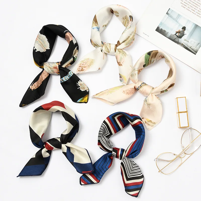 50x50cm Wholesale Print Wrap Foulard Handkerchief Bandana Neck Skinny Tie Scarves Shawls Women Small Square Satin Silk Scarf