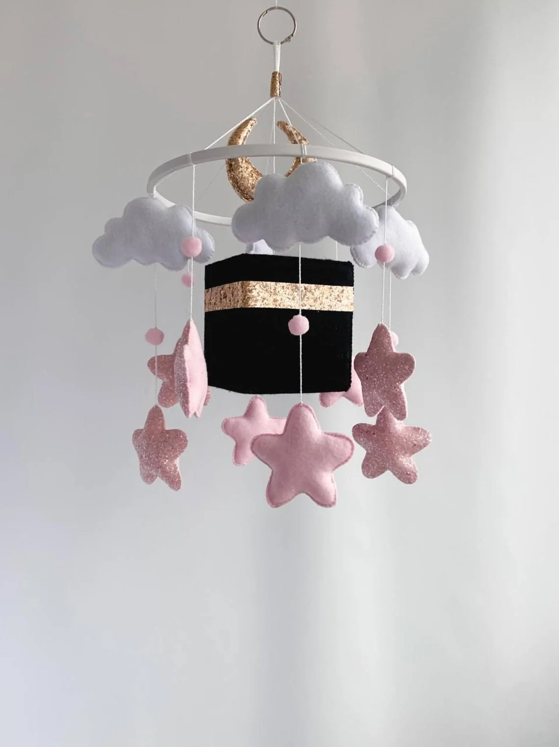 nursery decoration handmade pink soft islamic baby toys cube kaaba felt musical quran crib mobile for baby cot