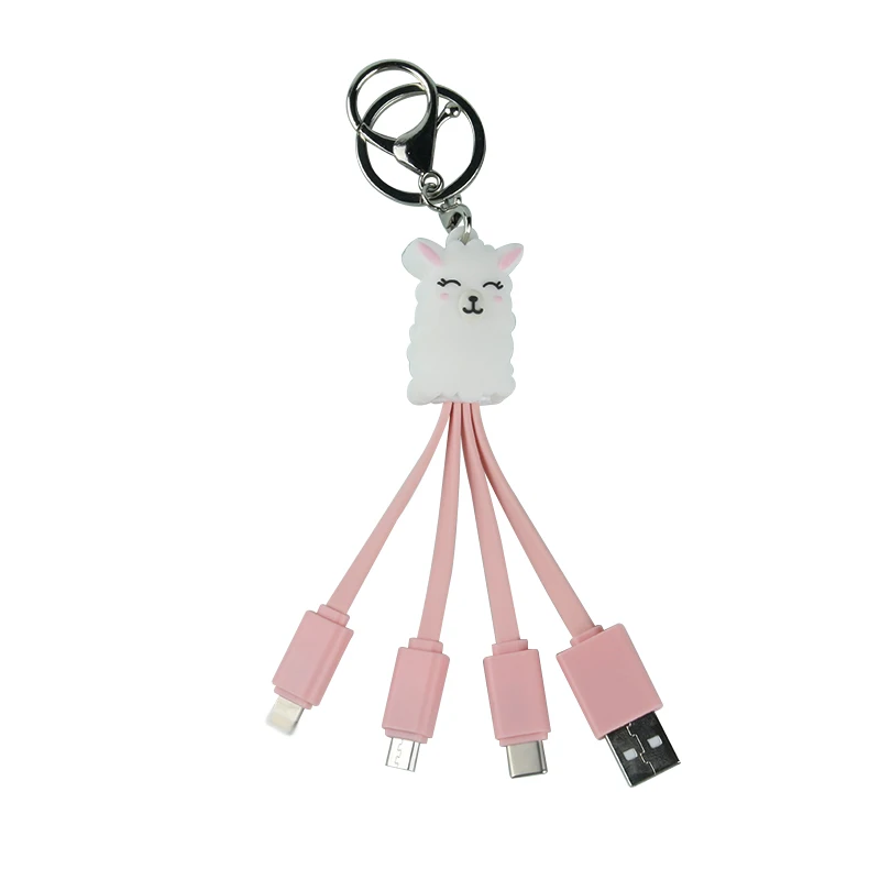 Fun promotional gift cable charger Cute cartoon 3 in 1 charger cable Alpaca animal pvc usb keychain cable