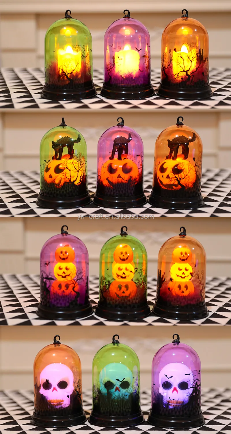 Wholesale Halloween Bell Jar Lamp Decoration Scary Halloween Bell Jar With Led Lights Pumpkin Skull Cat Candle Lantern