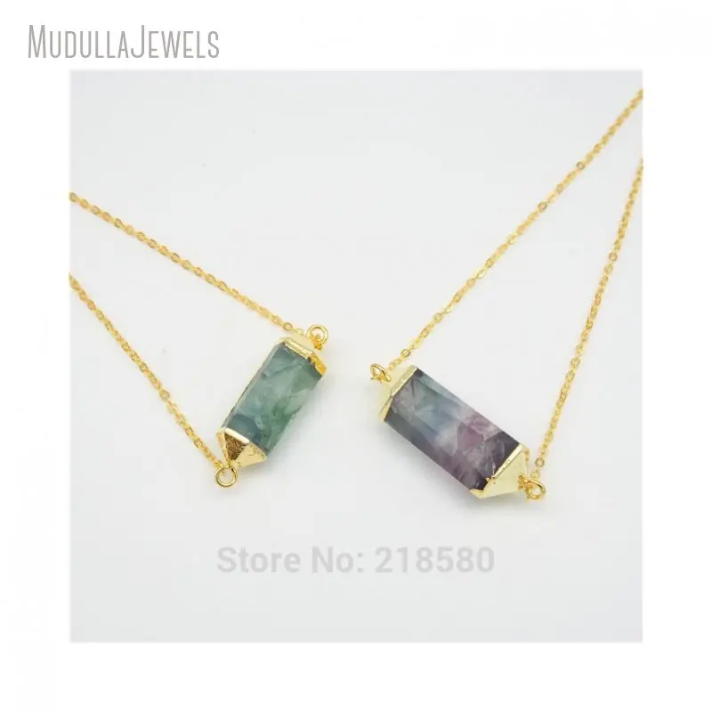 NM20705 Rainbow Fluorite Point Necklace Double Bail Hexagonal Prisms Connector Pendant Gold Plated Crystal Necklace