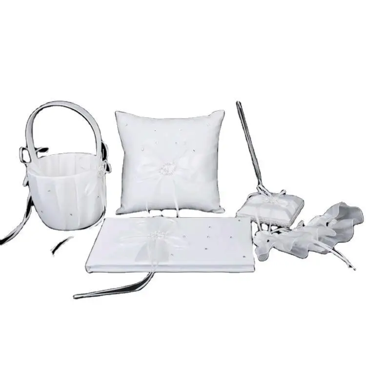 Wedding Decoration sets/Bowknot heart Drill flower basket+ring pillow+guest book+pen set+garter