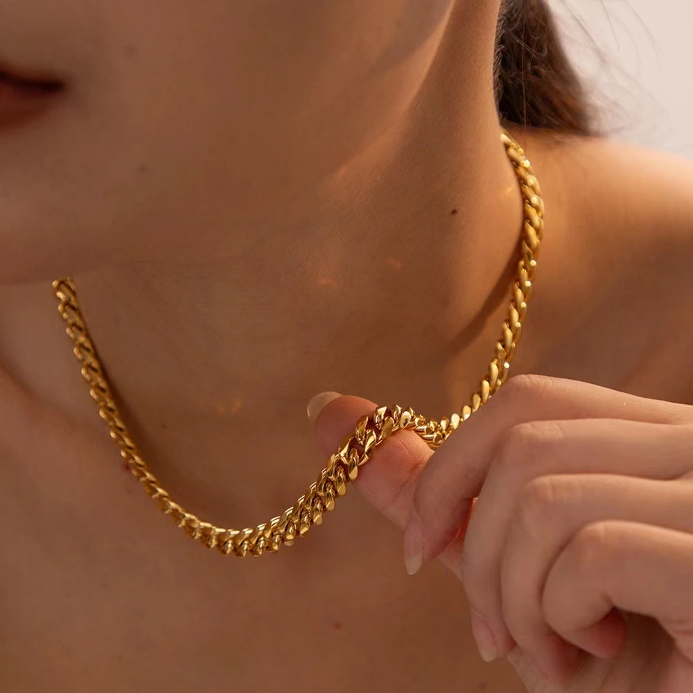 wholesale choker link chain jewelry set bracelet necklace women fashion stainless steel cuban link chain set