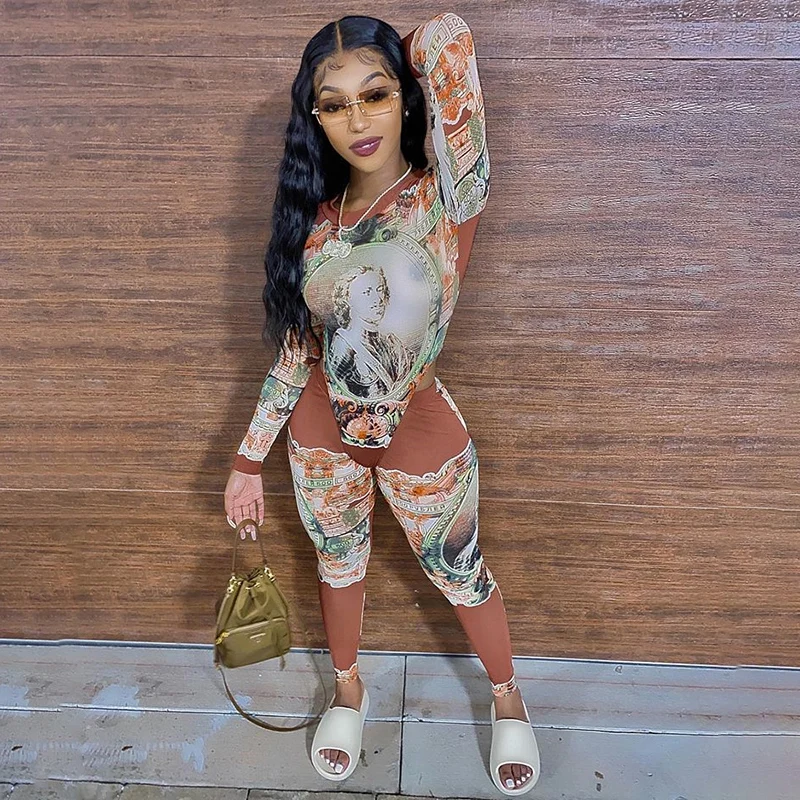 Осень-зима 2020, новый женский цельный комбинезон с принтом, топ, брюки, комплект из двух предметов