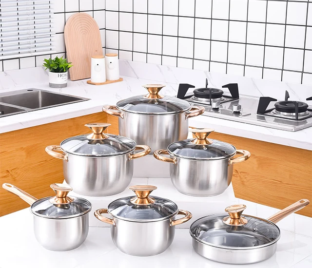 Wholesale 12-Piece Cookware Set 3 Layers Food Grade Stainless Steel Thick 12-Piece Soup Pot With Lid Serving