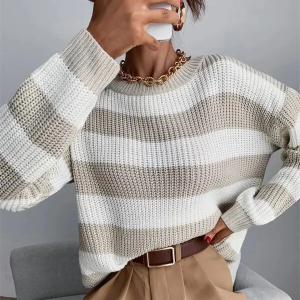 2024 New Autumn/Winter Knitwear Top Color Block Korean Loose Lazy Stripe Pullover Sweater