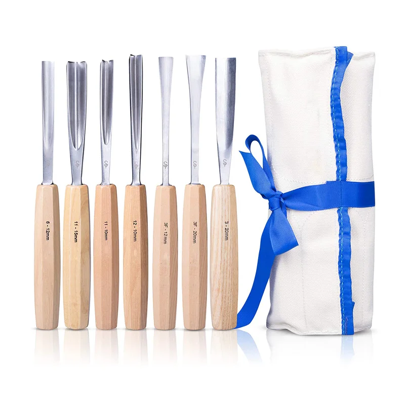 7Pcs Hot Sale Professional Wood Working Carving Chisel Set with Cloth Bag Package for Home DIY Wood Carving