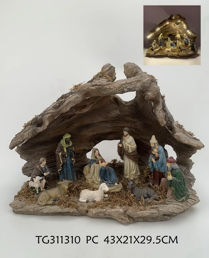 Top Grace hand carved polyresin cheap nativity sets with led light
