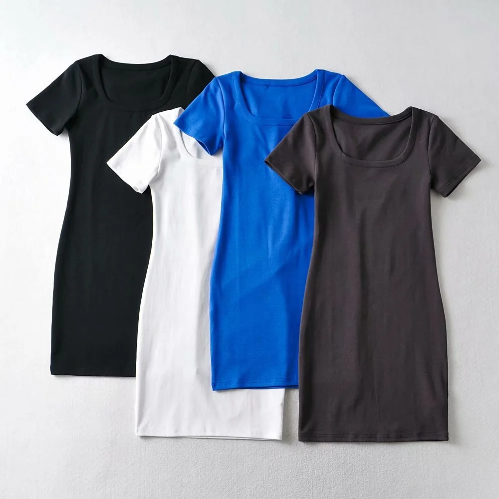 Customized Elegant Square Neck Threaded Elastic Hip Lifting Short Sleeve Ladies Summer Clothing Women Casual Dresses