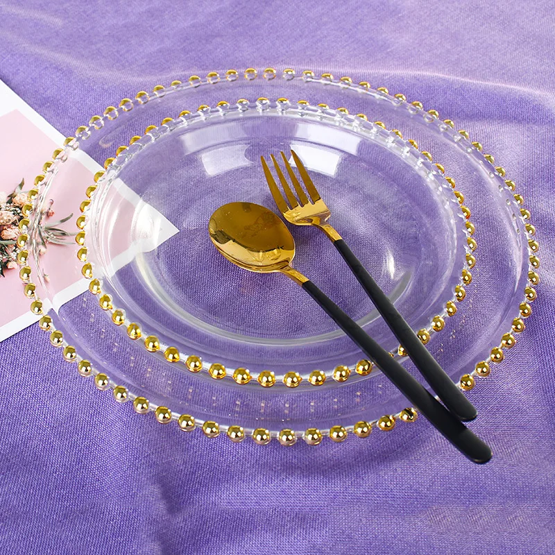 Factory Free Sample Wedding Party Banquet Tableware Dinner Under Plate Decorative Clear Charge Plate Glass Gold Beaded Plate
