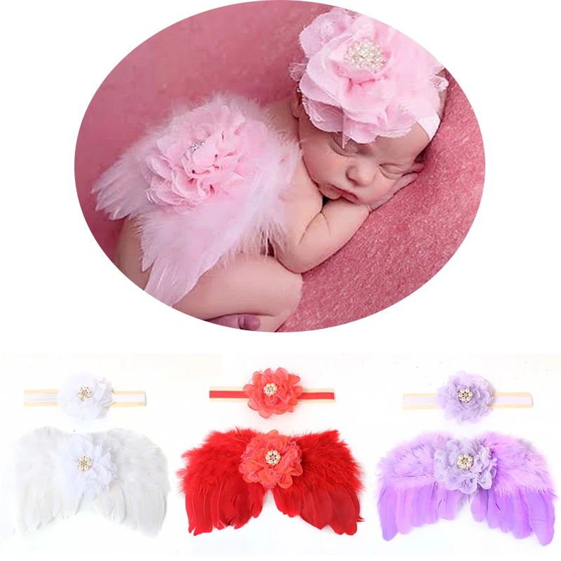 Handmade newborn infant girl pearl flower headband with feather angel wings set girls photography prop girl baby photo props