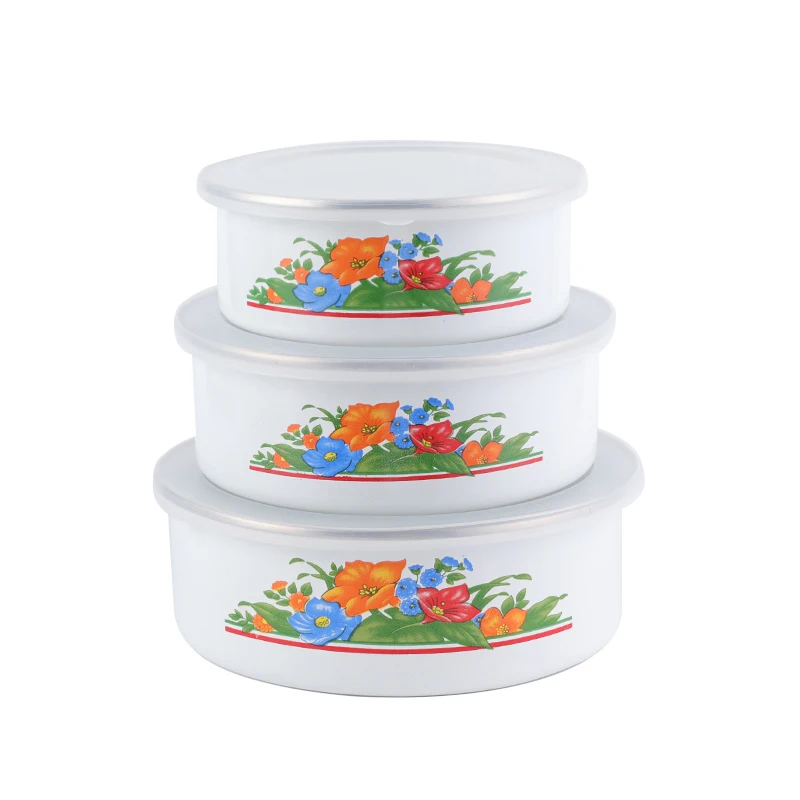 5pcs sets enamel food storage bowl set custom size salad  mixing bowl with plastic lid