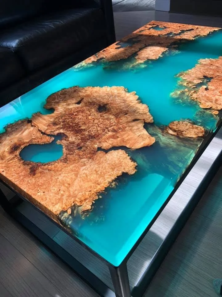 Personalized Height Adjustable Ocean Resin Epoxy Table Sea Design Blue Epoxy Dining Table Live Edge Coffee Table