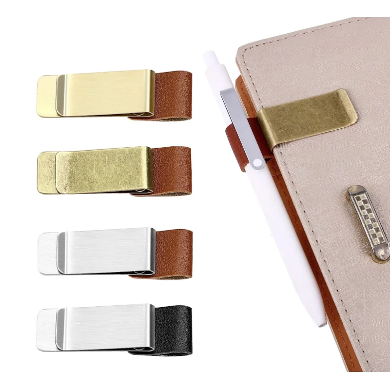 YY Factory Wholesale Pu Leather Pen Clip Pencil Holder with Brass Clip for Notebook Planner Clipboard Office Pocket