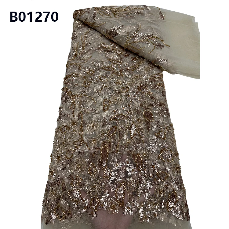 CHOCOO China Factory Price Yellow Sequins Beaded Lace Fabric Luxury Embroidery Bridal Beaded Lace fabric For Lady Dress