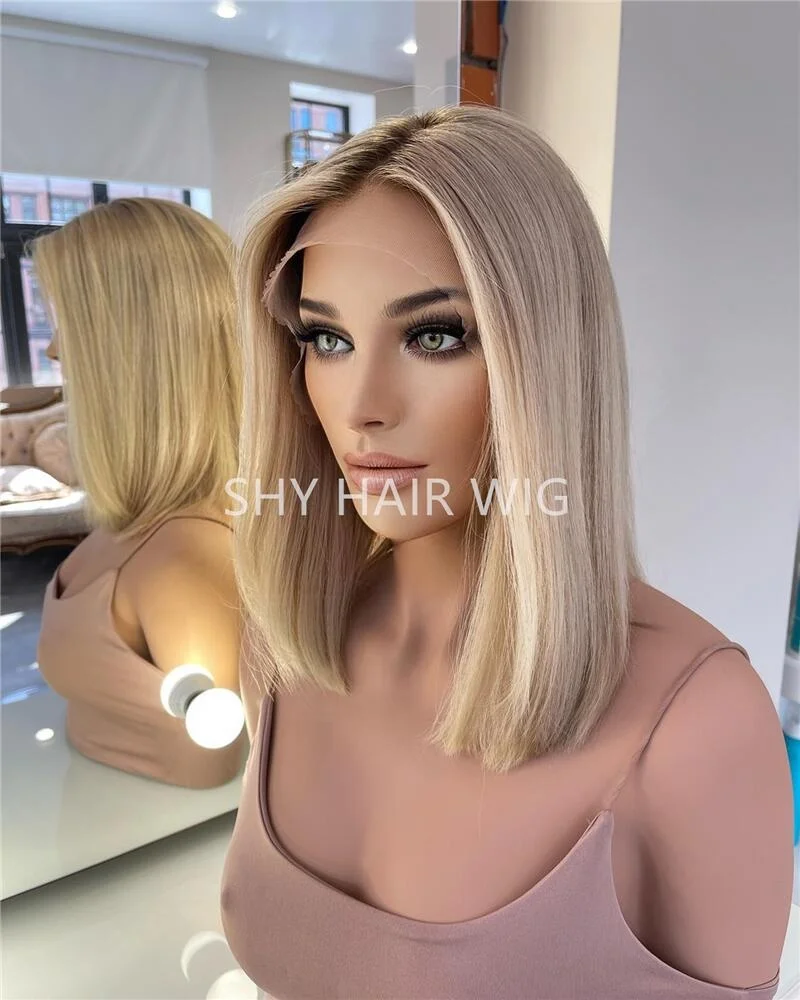 2023 Shy Top quality Highlight mixed Blonde Straight European Human Hair 4*4 Silk Top short wavy Lace Front Wig For White Women
