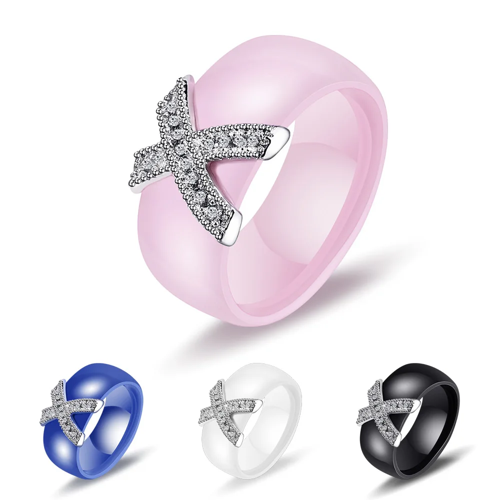 Fashion Jewelry Women Ring With AAA Crystal 8 mm X Cross Ceramic Rings For Women Wedding Party Accessories Gift Design