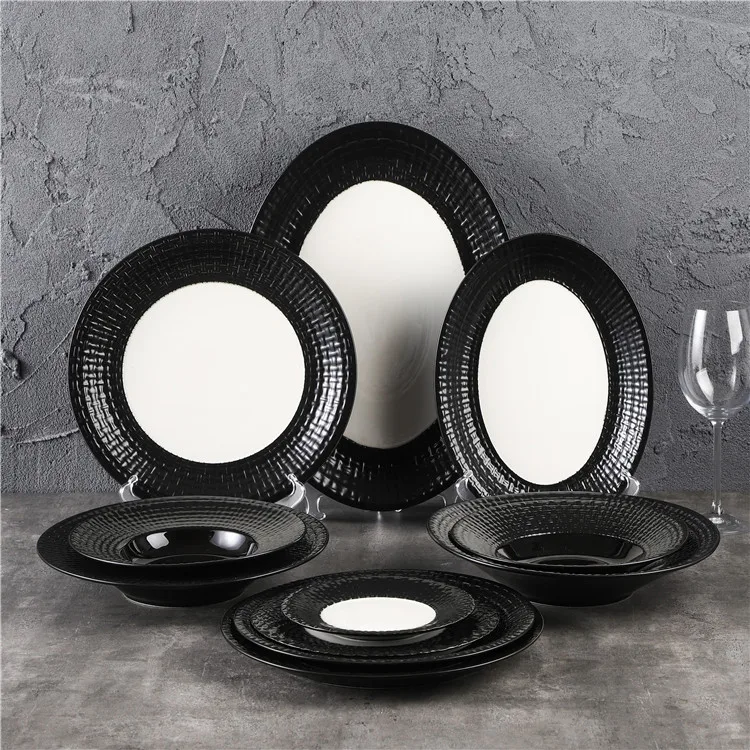 Textured surface design black tableware set new item home kitchen modern black ceramic dinnerware for restaurant