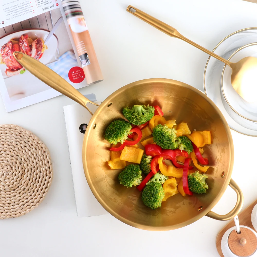 Household Matte Finish Stainless Steel Heavy Duty Wok with Lid and Cooking Shovel